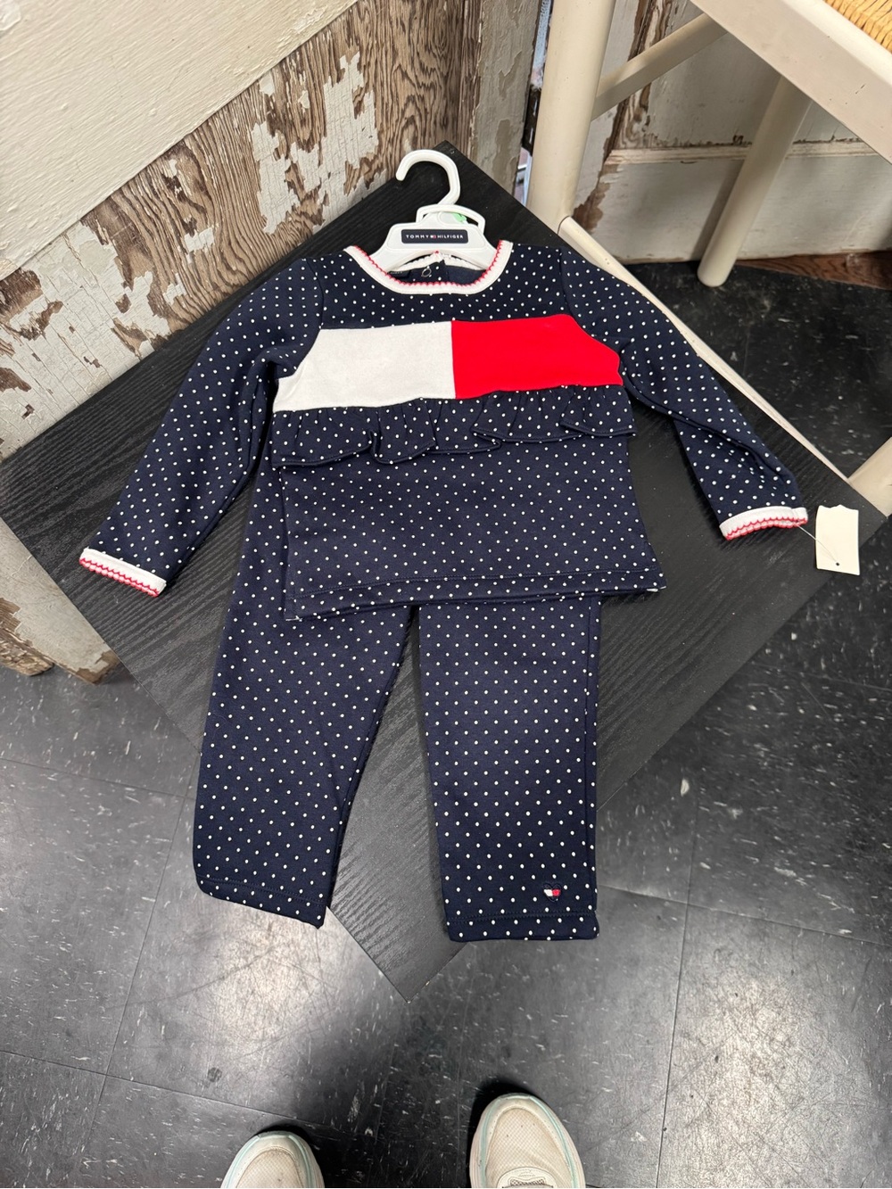 Tommy Hilfiger Navy Polka Dot Pajama Set with Red & White Block